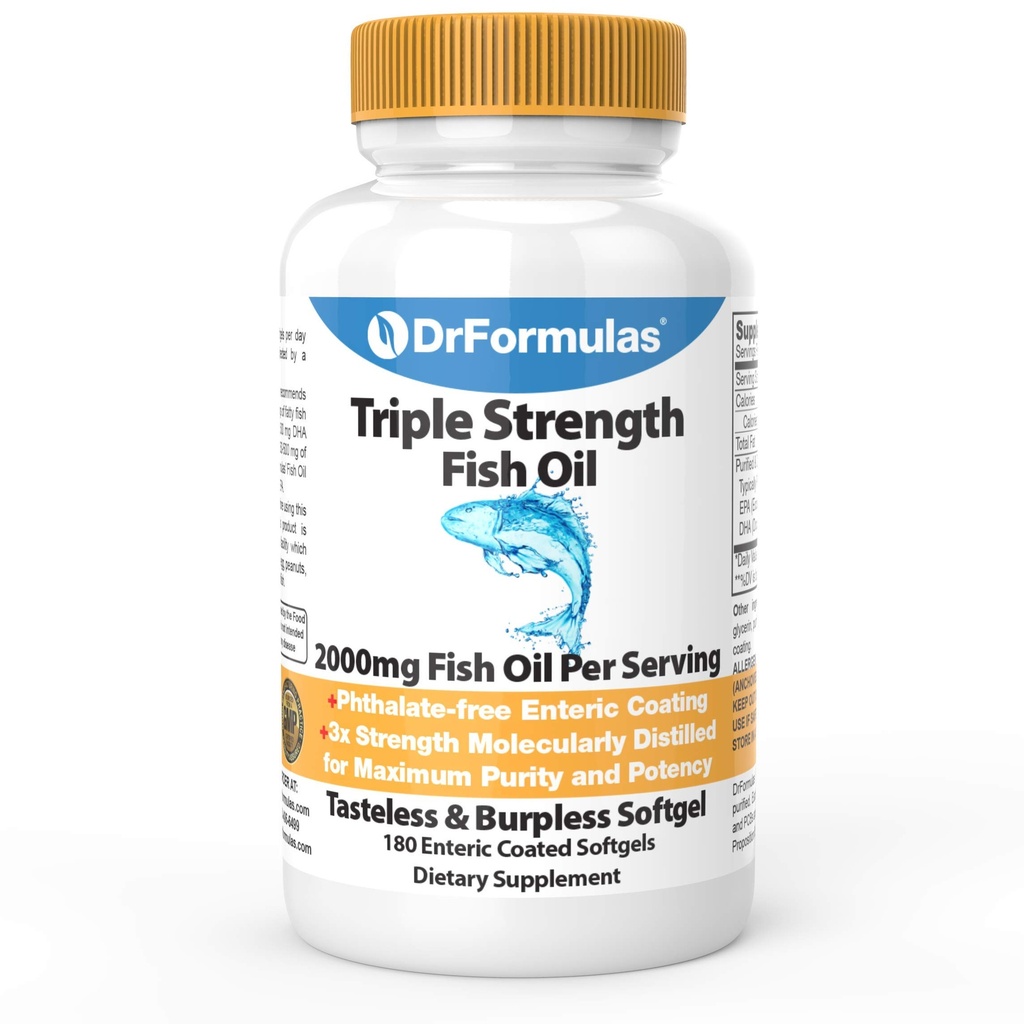 DrFormulas 2000mg Triple Strength Omega 3 Fischöl mit EPA und DHA, 180 Burpless Softgels