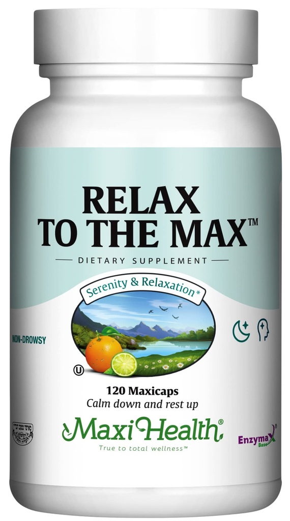 Maxi Health - Rilassati al Max Stress Relief Formula (120 Count) Mood Relief Capsule con Vitamina C, Calcio, L-teanina, L-Taurine & Aminoacidi - Tutti Natural Calming & Relax Supplements