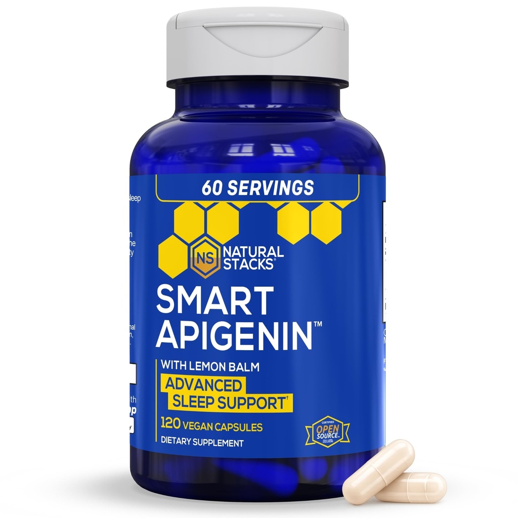 NATURAL STACKS Apigenin Supplemento per il sonno - 50mg Apigenin & 600mg Lemon Balm - Melatonin Free Sleep Aid - con Passion Flower Extract for Stress Support* - 120 Limoni Balm Capsule
