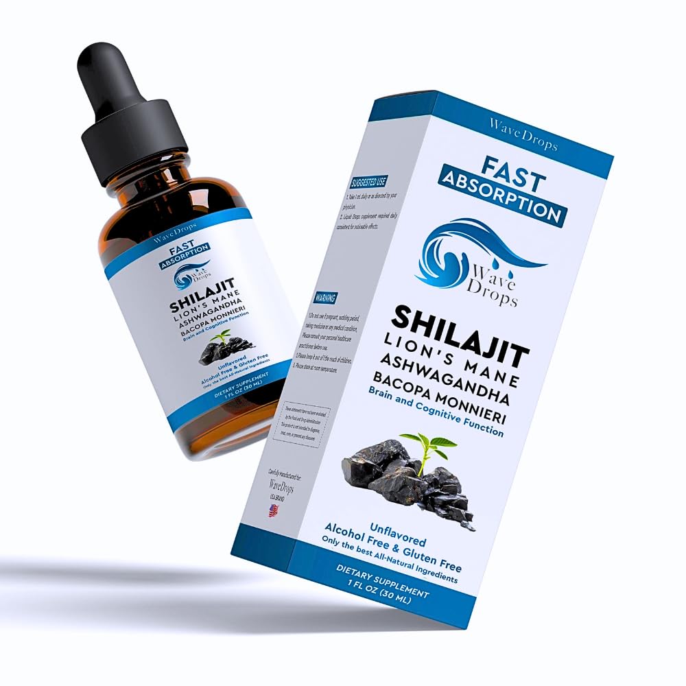 Lion's Mane - Shilajit - Ashwagandha - Bacopa Monnieri gouttes liquides pour le stress, le booster de mémoire,Focus