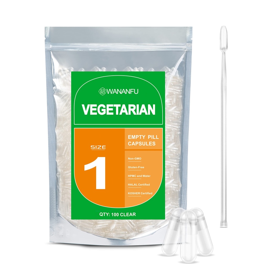 wananfu Taille 1 Capsules vides Végétarien (100 Compte) Bundle avec Micro Lab Spoon, Effacer Capsules Veggie Pill Taille 1 pour faire vos propres suppléments