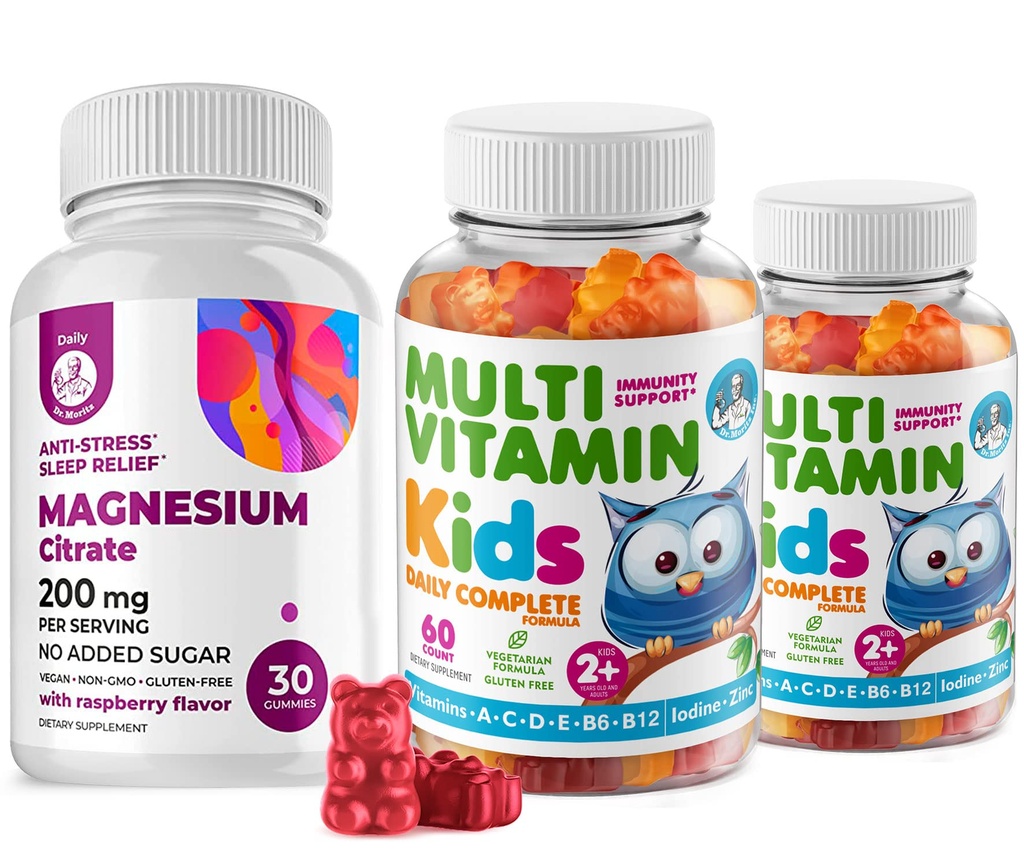 Gummies multivitamines pour enfants 14 vitamines essentielles et gommes de magnésium sans sucre - supplément quotidien Vitamine A,C,D,E Végétarien B6&B12,Zinc,Biotine au magnésium sans sucre