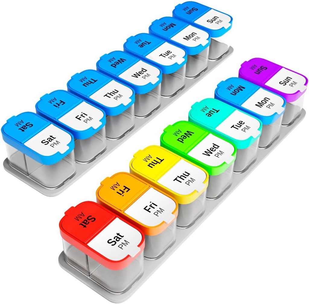Ensemble d'organisateur de pilules hebdomadaires extra grande - 2 supports de vitamine XL avec 7 compartiments de PM amovibles - Distributeur de médicaments fiable pour la maison et le voyage, conteneur de supplément portable, arc-en-ciel et bleu/blanc
