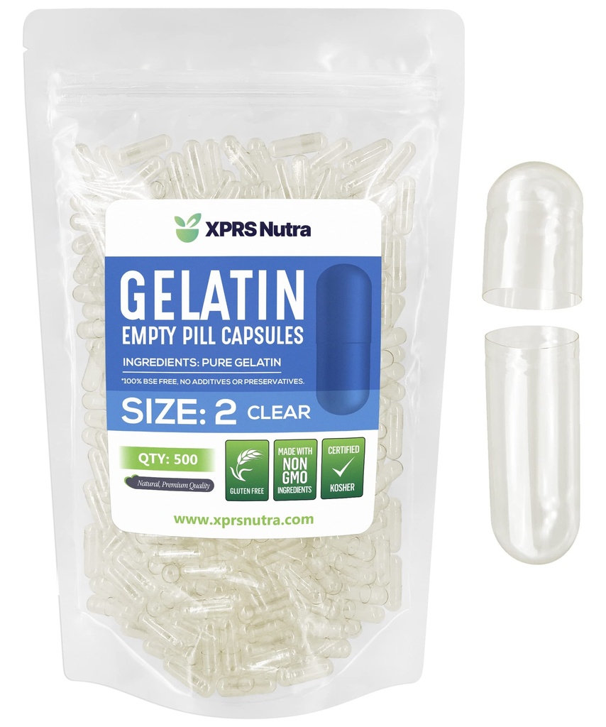 XPRS Nutra Size 2 Empty Capsules - 500 Count Clear Empty Gelatin Capsules - Pills DIY Capsule Filling - Pure Bovine Pill Gel Caps for Do-It-Yourself Supplements