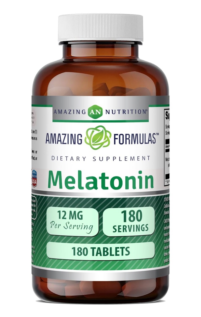 Erstaunliche Formeln Melatonin Ergänzung | Unflavored | 12 Mg pro Servieren | 180 Tabletten | Non-GMO | Gluten-Free | Made in USA