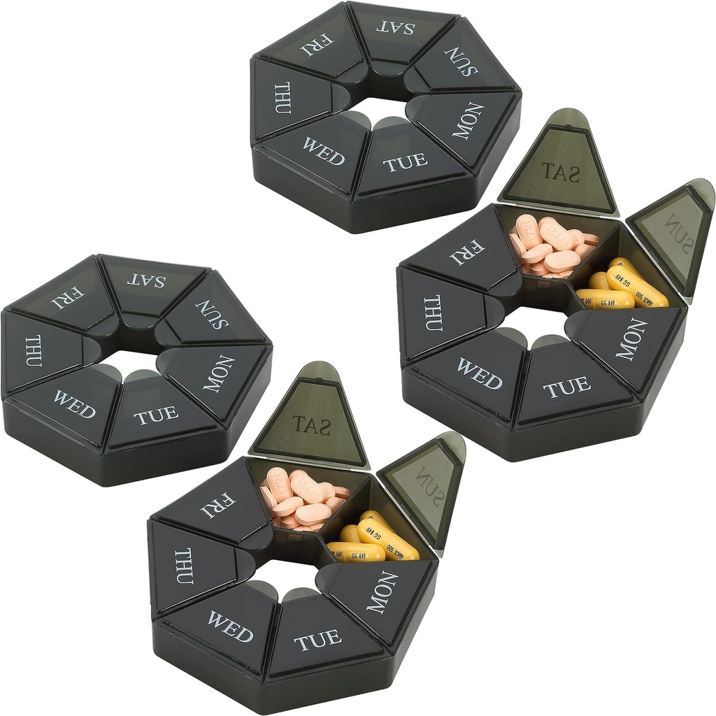 Wöchentliche Pille Organizer - (Pack von 4) 7-Tage Pille Container - Arthritis Freundliche Portable & kompakte Reise Fall Tägliche Kompartment Medizin Pillen Box für Ergänzungen, Medikamente, Vitamine und Fischöle