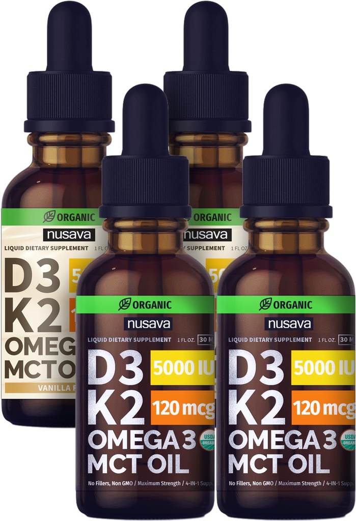 NUSAVA Unflavored D3 K2 Flüssigkeitstropfen und Vanille Flavored D3 K2 Flüssigkeitstropfen Bundle - Potente flüssige Vitamine für Herz, Gelenk, Knochen, Muskel, & Immununterstützung - Non-GMO, Gluten-Free, 2pk Jeder