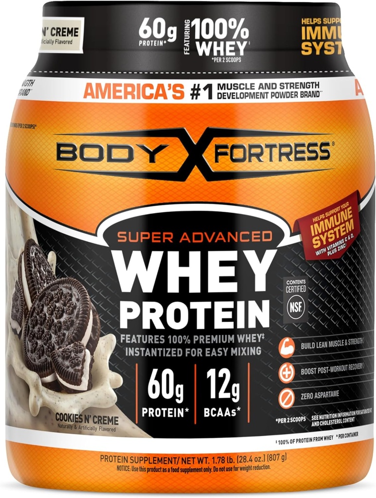 Body Fortress Super Advanced Whey Protein Powder, Cookies Creme, 60g Protein & 12g BCAAs Par 2 Scoops, gain et récupération musculaire, soutien immunitaire avec des vitamines C & D, 1,78lbs (Packaging May Vary)
