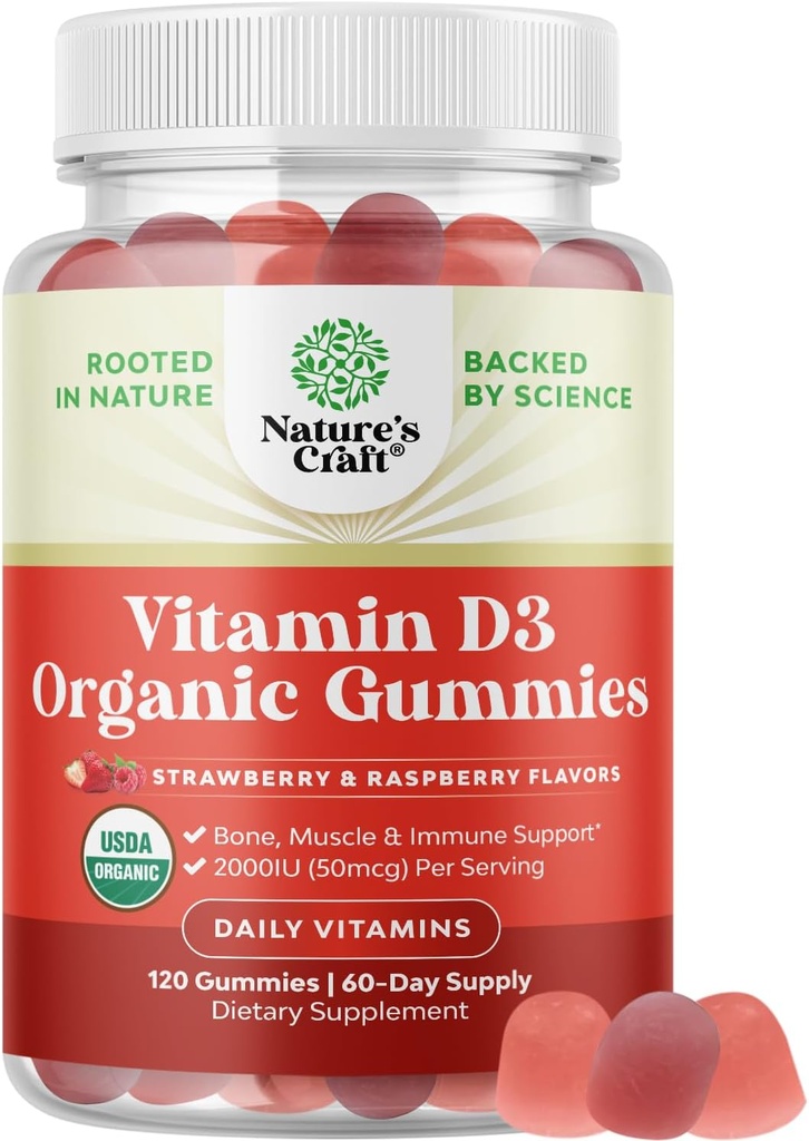 Natures Craft Bio Vitamin D Gummi für Erwachsene - Tägliche Immununterstützung Gummis mit Vegan Vitamin D3 2000IU - USDA Organic D3 für Erwachsene Wellness Non GMO Gluten Free 2 Month Supply