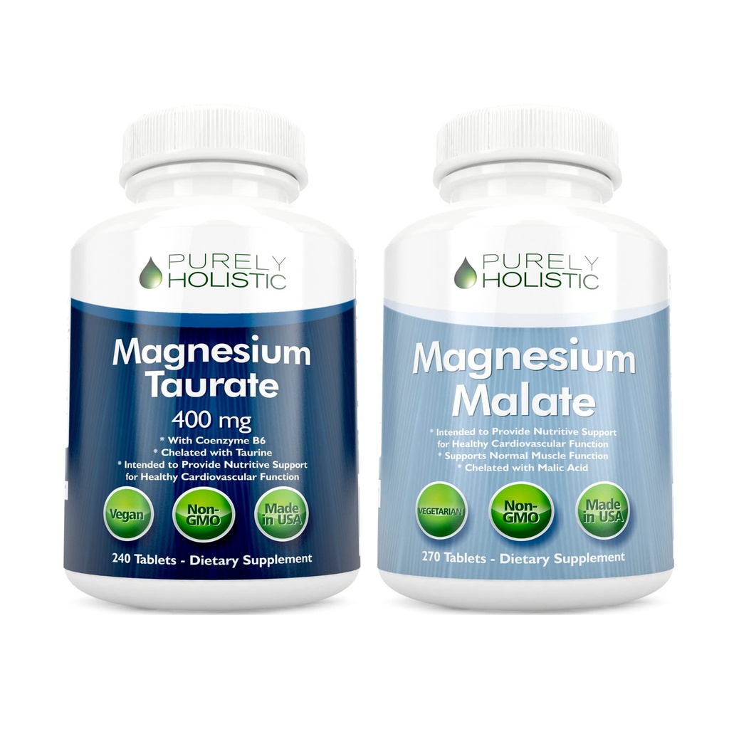 Magnesio Taurate 400mg + Magnesio Malato 400mg - Altamente Biodisponibile - Alto assorbimento Bundle - 270 + 270 compresse vegetariane