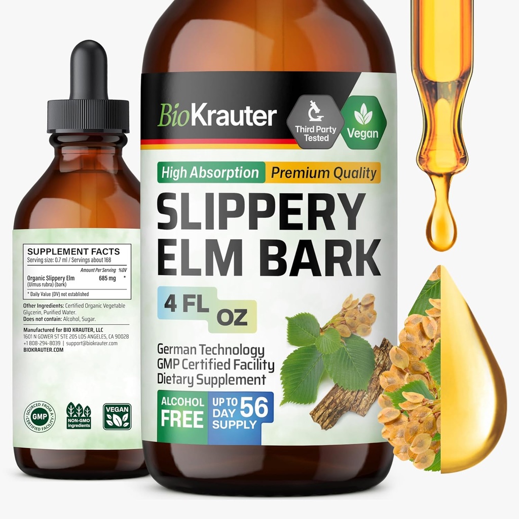 BIO KRAUTER Slippery Elm Bark Tincture - Pure Slippery Elm für Damen und Herren - 4 Fl.Oz. 56 Tage der Versorgung - Throat & Voice Support - Vegan Liquid Drops for Lungs - Respiratory & Digestive Health