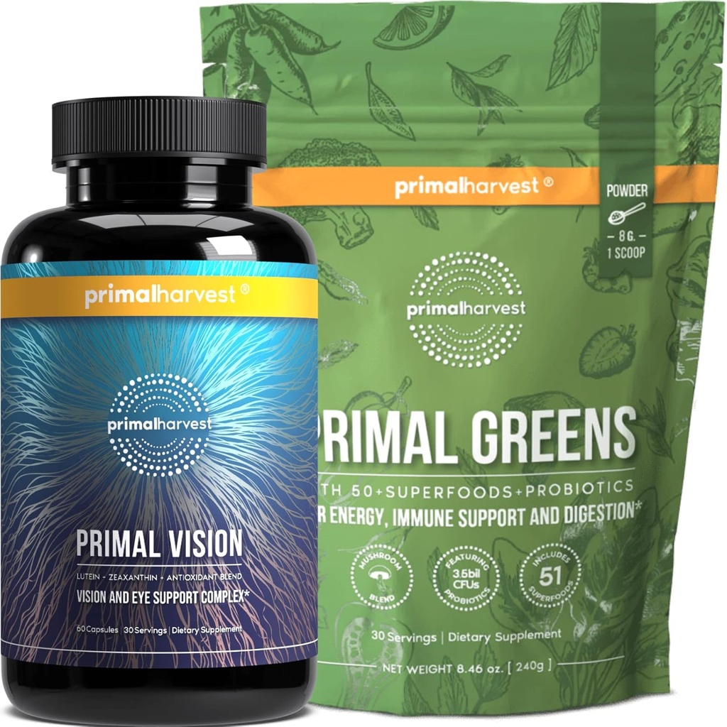 Primal Harvest Greens Powder & Vision Suppléments pour les femmes et les hommes Vision et Complexe de soutien oculaire avec Lutein, Zeaxanthin Bundle