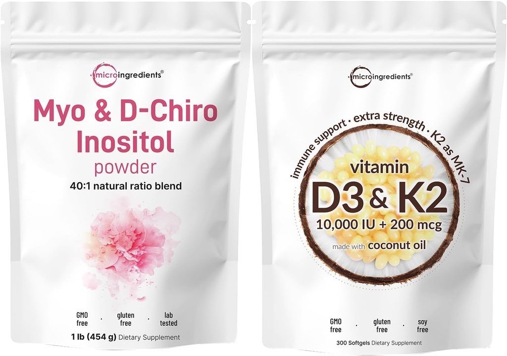 Micro Ingredients Vitamin D3 10.000iu + K2 200mcg Kokosöl Softgels & Myo & D-Chiro Inositol Pulver Bundle 2 Pack | Essential Sunshine Vitamine | Inositol Supplement für Damen
