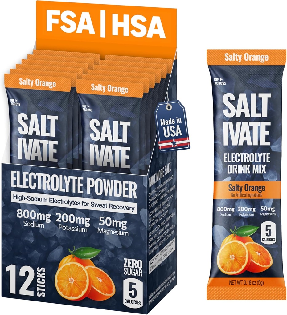 Salty Orange Electrolytes Packets | 800mg Sodium, Potassium & Magnesium Hydration | Stevia-Sweetened & Sugar Free Electrolyte Powder | for Sweat Revocery, Fasting, POTS | Makes 32 Fl Oz (Pack of 12)