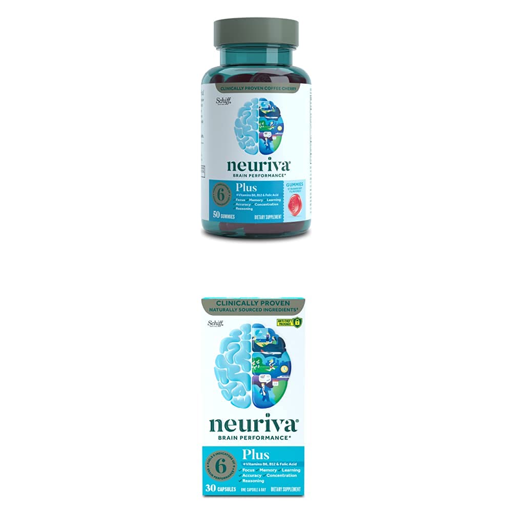 NEURIVA Nootropic Brain Support Supplement - Plus Strawberry Gummies (50 Count in a Bottle) con Nootropic Brain Support Supplement - Plus Capsule (30 Count in a Box)