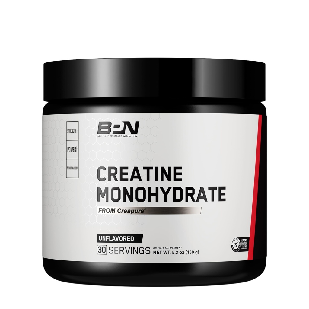 BARE PERFORMANCE NUTRITION, BPN Pure Creatine Monohydrat Pulver von Creapure, 5g Kreatin pro Servierung, unterstützt Muskelwachstum, Unflavored Creatine Powder, 30 Servicings