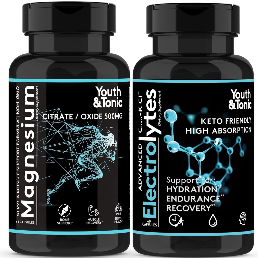 2pk| Complesso di Magnesio ad alto assorbimento + Pillole di elettroliti - Vitamine di minerali di magnesio | Supplemento di ossido di citrato di magnesio Premium per Crampe di gambe Sore Muscolo Bone Support Endurance Recovery Nerve Health