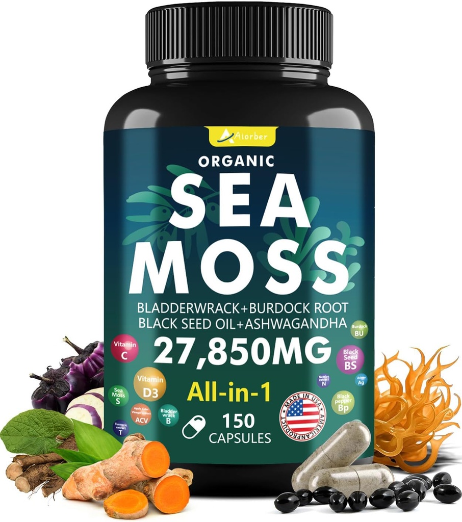 Sea Moss Capsule Complex con Black Seed Oil,Aşhwagandha,Burdock Root,Bladderwrack Ginger Vitamins Multimineral Supplement - Irish Wild Seamoss Pills Advanced Blend for Men&Women (150 capsule)