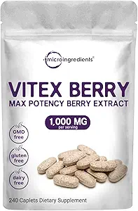 Micro Ingredienti Vitex Berry Supplemento, 1.000mg Per Serving, 240 Caplets | Potent Chaste Tree Berry Extract | Promuove Menstruale, Fertilità, & Hormone Balance per le donne | Non OGM