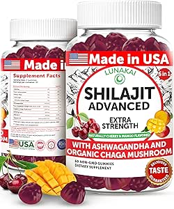 Lunakai USA Made Pure Shilajit Gummies 1200mg con Ashwagandha & Chaga - Himalayan Shilajit per uomini e donne, Energy & Vitality Support, 60ct