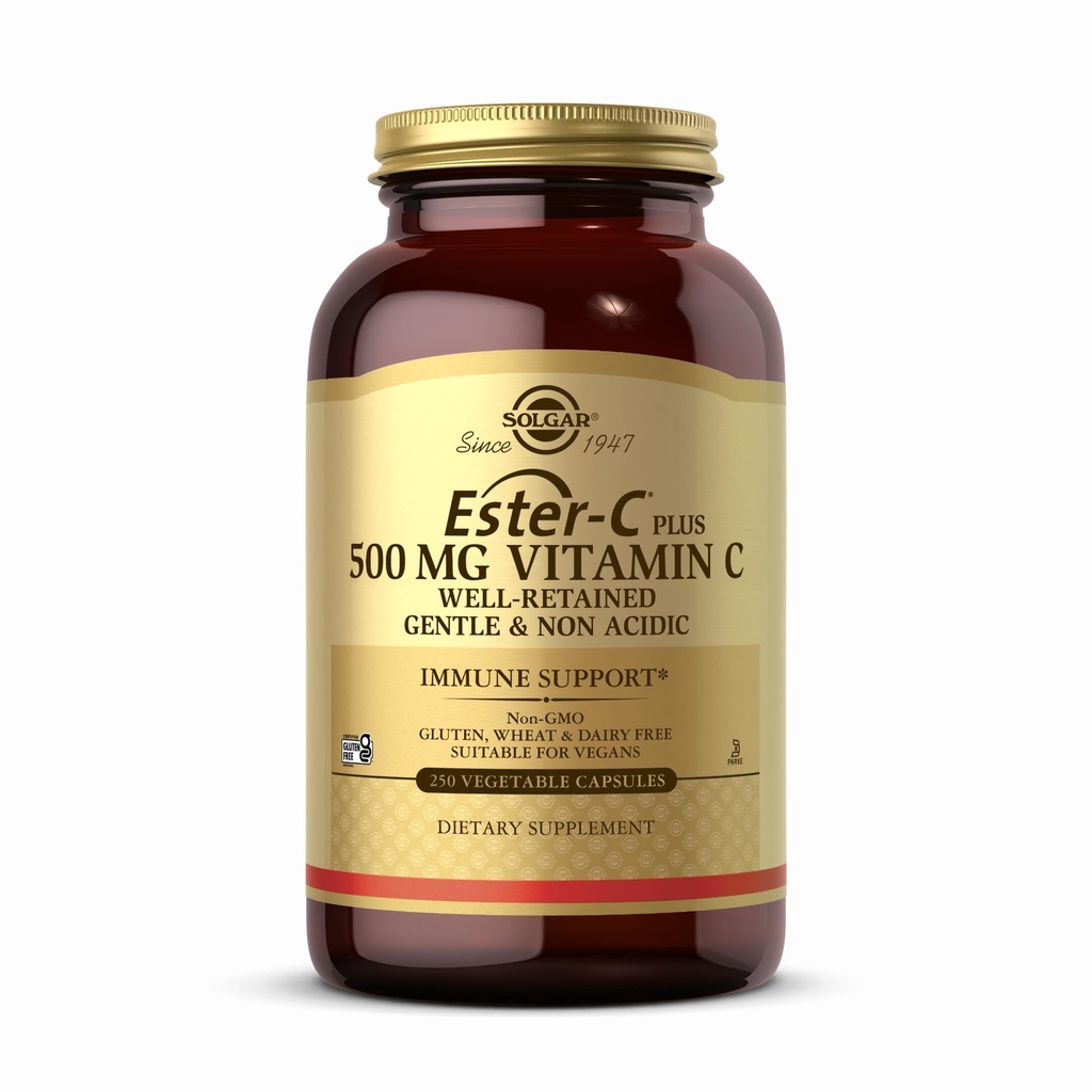 Solgar Ester-C Plus 500 mg Vitamina C (Ascorbate Complex) - 250 capsule vegetali - Gentle & Non Acidic - Antiossidante & Supporto immunitario - Non OGM, Vegan, Gluten Free, Kosher - 250 Serve