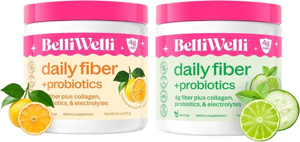 Supplemento giornaliero di fibra con collagene aggiunto, probiotici ed elettroliti - zecca di lime di cetriolo & arancione Yuzu Mandarina aromi - Supporti Salute digestiva, Debloating & Hydration - 32 Serve Totale