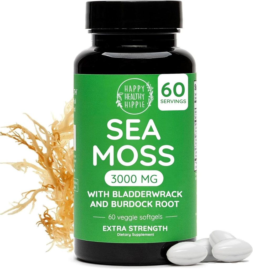 Happy Healthy Hippie Sea Moss Gel Capsule 3.000 mg (1 Quotidiano) – Immunity, Energy Boost & Digestive Support | Pillole di Seamoss Irlanda, Burdock Root, Bladderwrack | Made in USA, Vegan, 60 Ct