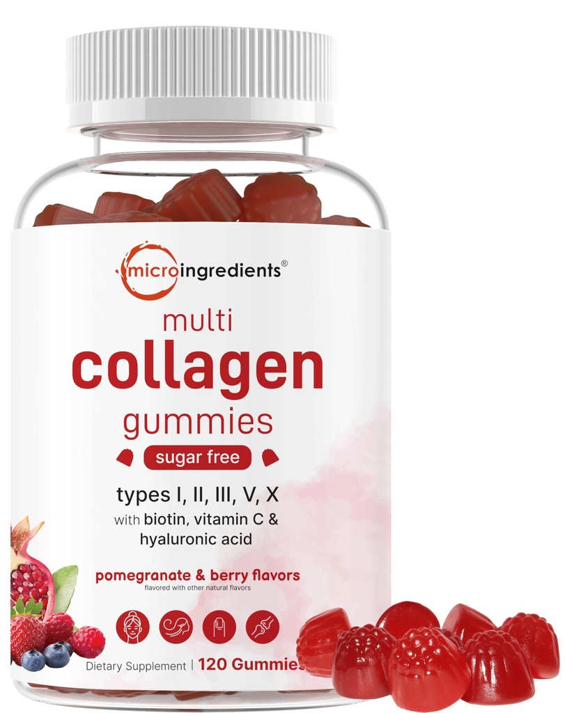 Micro-ingrédients Peptides multicollagènes, 120 Gommies de collagène de type I,II,III,V,X Protéines avec biotine, acide hyaluronique et complexe vitamine C