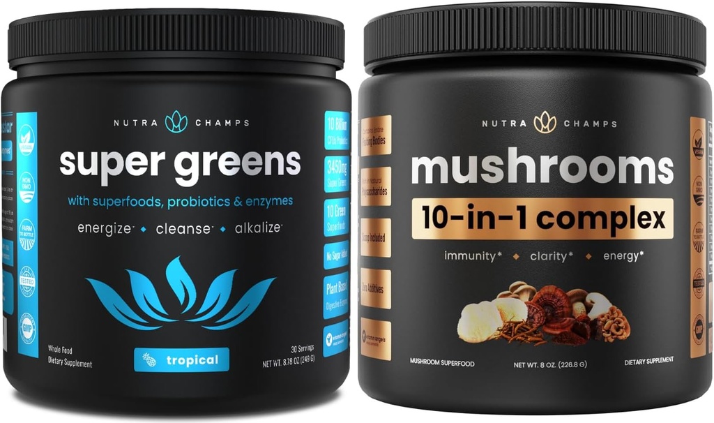 NutraChamps Super Greens Tropical & Super Pilze: Ultimate Brain, Gut &amp; Body Boost