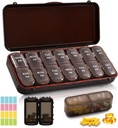 Organisateur de pilules hebdomadaires 2 fois par jour + 2 Trousse d'organisateurs de pilules amovibles - AM PM Organisateur de pilules de voyage pour supplément de médecine vitaminique Huile de poisson, cas de pilule quotidienne brune 2 fois par jour