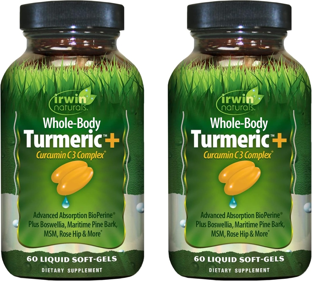 Irwin Naturals Intero Body Turmeric + Curcumin C3 Complex - 60 Liquid Soft-Gels, Confezione da 2 - Supporta il benessere completo - 60 Total Servings