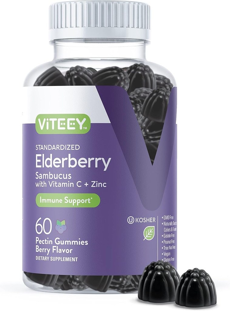 Viteey Sambucus Elderberry Gummis für Erwachsene – Elderberry Vitamin C und Zink Immunität Gummis - Vegan, Glutenfrei – 60 Count