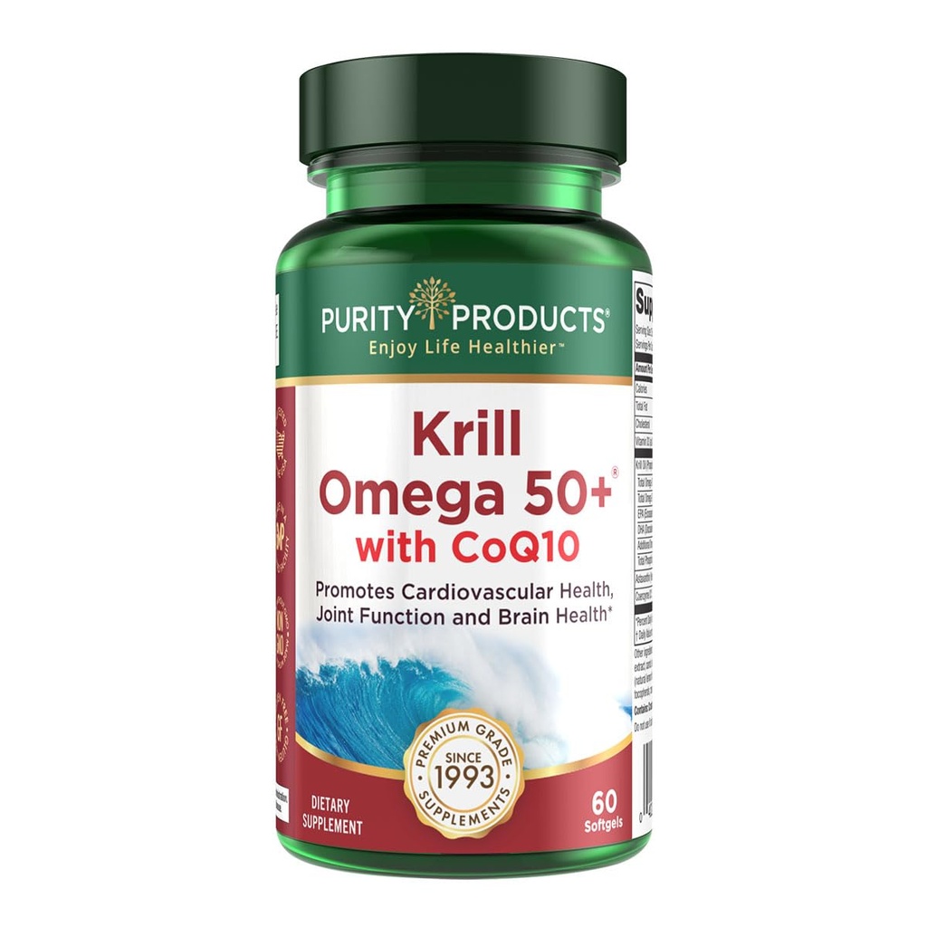 Krill Omega 50 Plus w / CoQ10 von Purity Products - 1300mg Krillöl und Fischöl Blend - 100mg CoQ10-500mg natürliches Astaxanthin - Unterstützung für Herz-, Gelenk- und Gehirngesundheit - 60 Mini Soft Gels