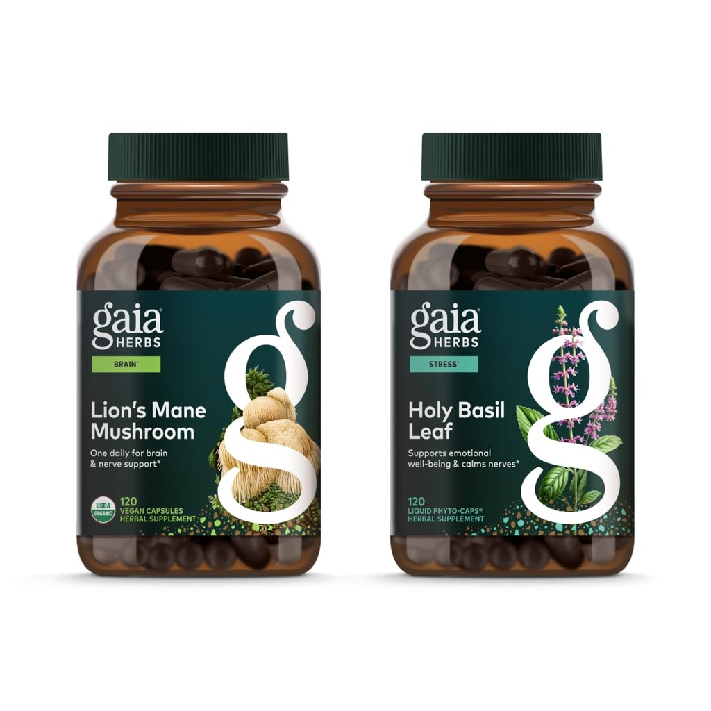 Gaia Herbs Lion’s Mane Mushroom - Aiuta a mantenere la salute neurologica - 120 Vegan Liquid Phyto-Capsules & Holy Basil Leaf - Aiuta a sostenere una mentalità positiva e l’equilibrio in tempi di stress - 120 Vegan Li