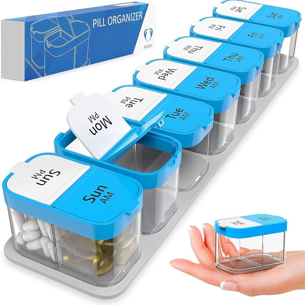 Extra Large Weekly Pill Organizer - XL Daily Pill Box - 7 Tage Am Pm Pille Case Jumbo Pille Container für Ergänzungen Big Pill Holder zweimal ein Tag überdimensioniert (blau/weiß)