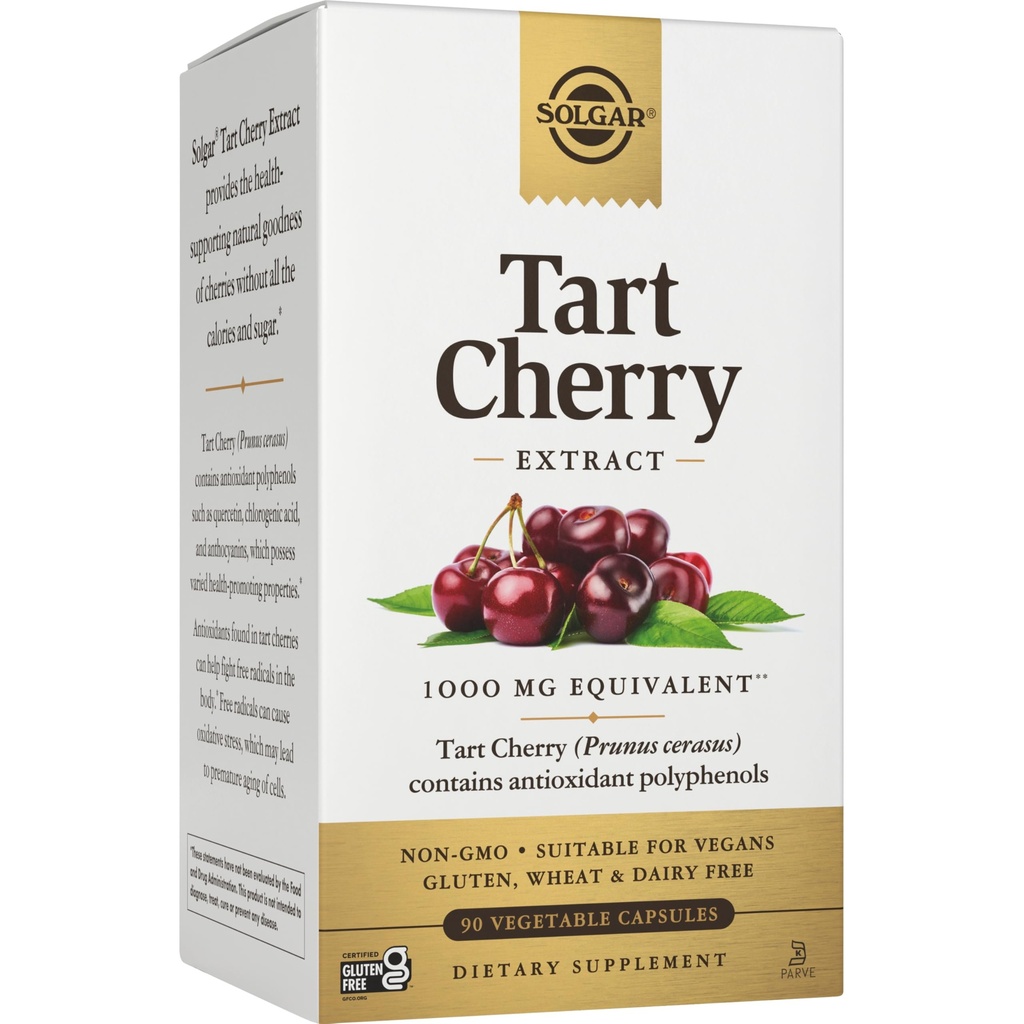 Solgar Tart Cherry 1000 mg, 90 pflanzliche Kapseln - Antioxidans mit Quercetin, Chlorogenic Säure & Anthocyanine Verbindungen - Non-GMO, Vegan, Glutenfrei, Dairy Free - 90 Servierungen
