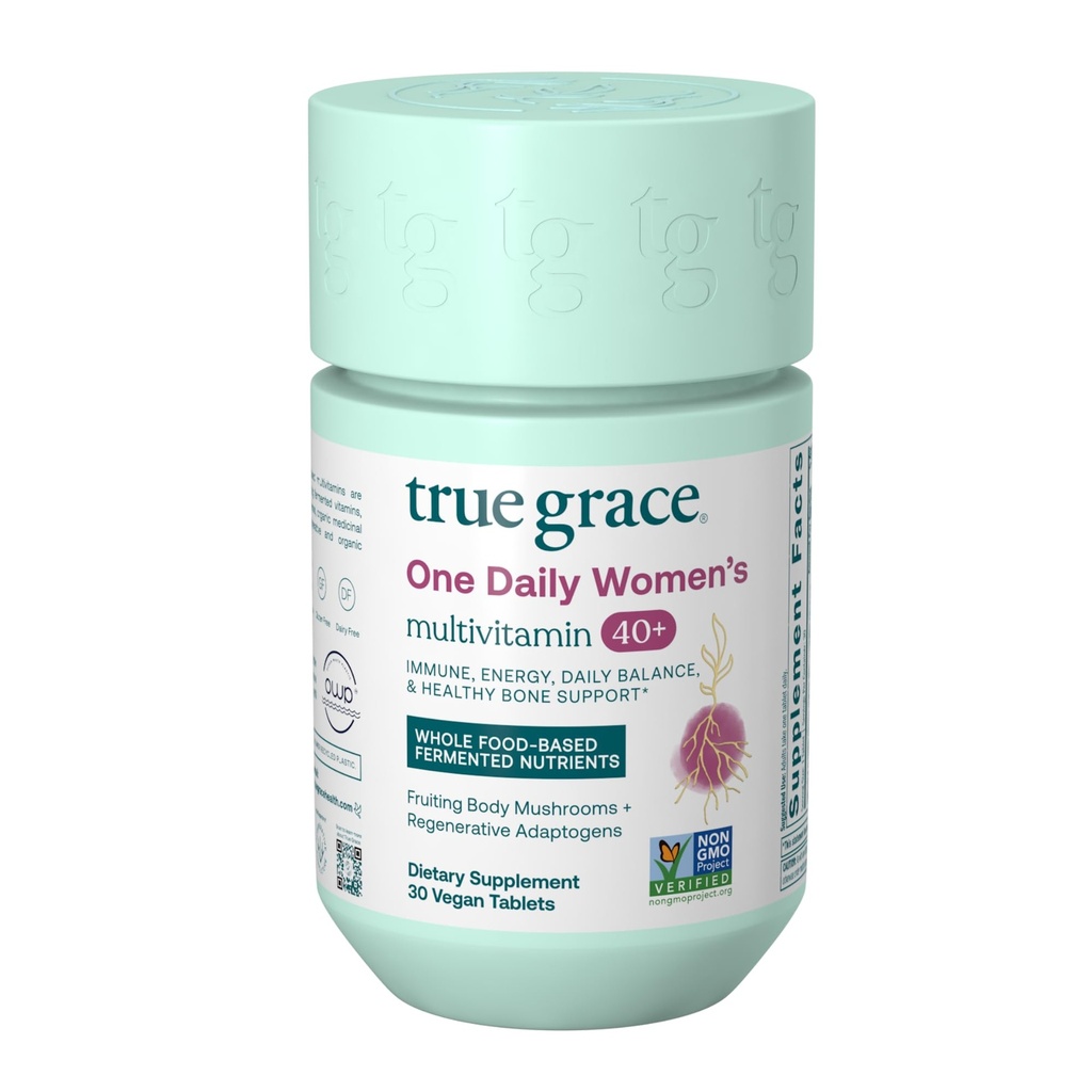 True Grace One Daily Femmes Multivitamine 40+ Fermented Minerals, Organic Adaptogens & Mushrooms Energy, Immune, Bone Support - Non-OGM - Fer, gluten et sans soja - 30 comprimés végétaliens