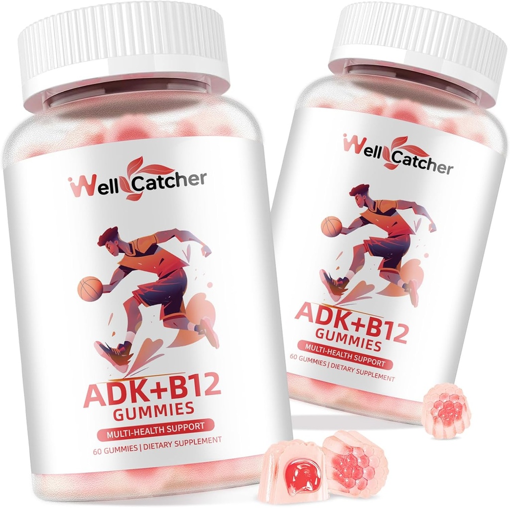 Vitamin ADK+B12 Gummies Supplements: Vitamin D3 K2 (MK-7) with B12 for Men Women Chewable Vegan Multivitamin Support Bone Brain Immune Skin Eye Heart Sugar Free Raspberry Flavored 2 Packs
