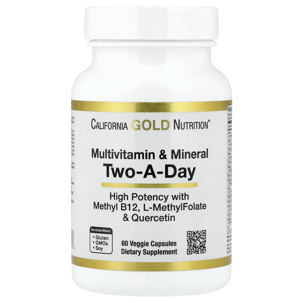 California Gold Nutrition Multivitamin und Mineral mit Methyl B12, Vitamin C, L-MethylFolate und Bio-Quercetin, Two-A-Day, 60 Veggie Kapseln