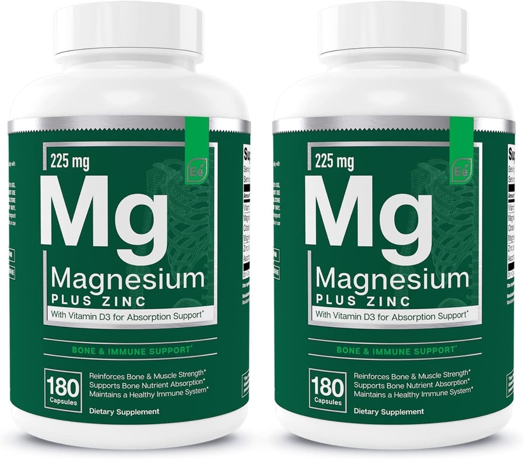Elementi essenziali Magnesio Plus Zinco con vitamina D3 | Cuore formulato scientificamente, Bone e supporto muscolare | 225mg Complesso di Magnesio Triple-Strength con Glycinate, Malate, Citrate | 360 Count