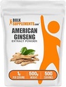 BulkSupplements.com Poudre d'extrait de ginseng américaine - supplément de ginseng, suppléments à base de plantes - sans gluten, 1g par portion, 500g (1,1 lb) (paquet de 1)