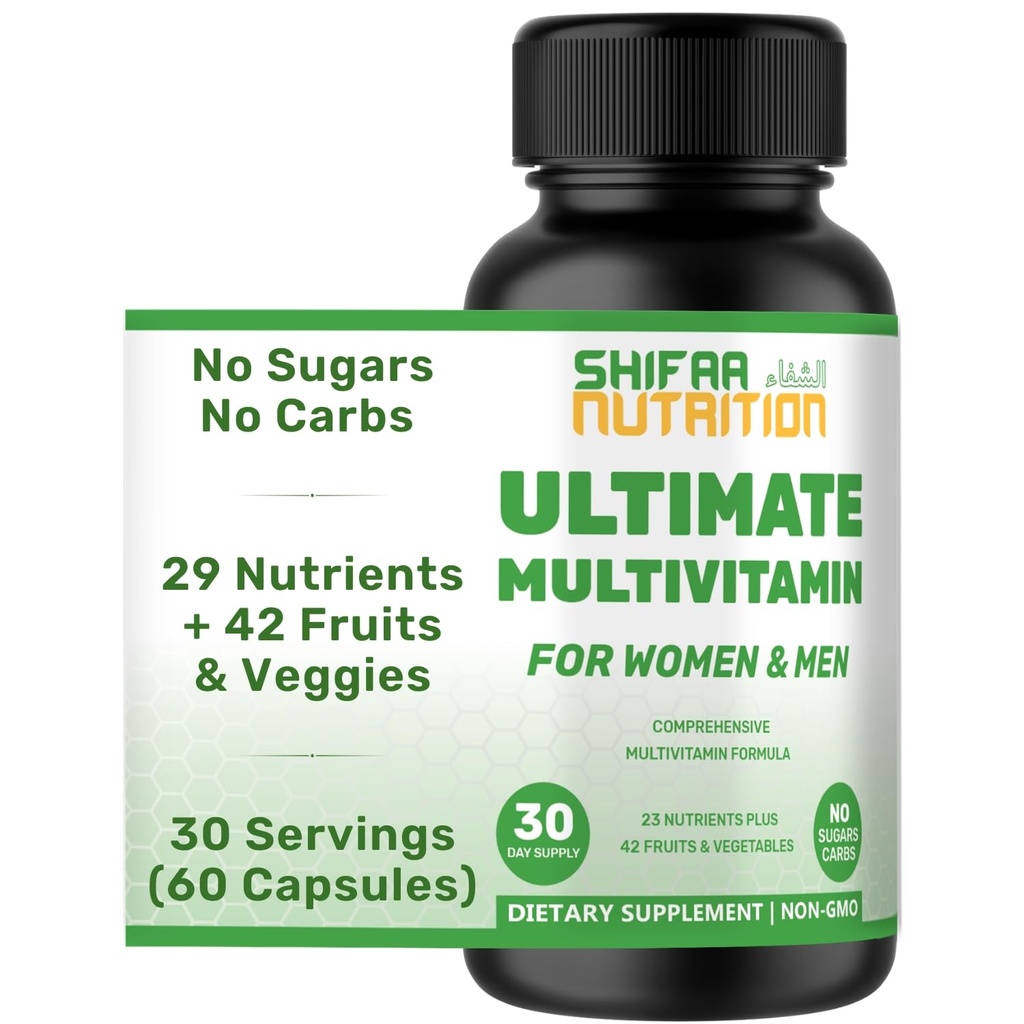 SHIFAA NUTRITION Multivitaminici Halal per donne, uomini e adulti, 30 Serve | Ferro, Vitamina A, B6, B12, Biotina, Niacina, C, D3, E, Zinco, Calcio, Acido Folico, CoQ10 | Vitamine Halal