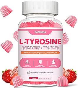 L Tyrosine Gummies, L-Tyrosine Zusatzgummis, L-Theanine Gummis mit Vitamin B6 D3, Fokusgummis unterstützen Gehirn, Gedächtnis, Energie, Stimmung für Erwachsene & Kinder, Erdbeeren Flavor, 60 Zähler