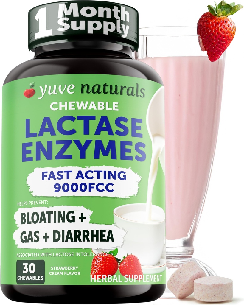 Yuve Natural Fast Acting Dairy Relief Delicious Chewables - Lactase Enzyme 9000 FCC - Say Goodbye to Dairy Discomfort von Lactose Intolerance - Strawberry Cream Flavor - 30ct
