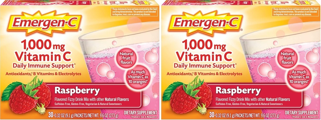 Emergen-C (30 Zähler, Himbeer Geschmack, 1 Monat Nahrungsergänzungsmittel Fizzy Getränk Mix mit 1000mg Vitamin C, 0.32 Unze Packets, Koffeinfrei (Pack von 2)