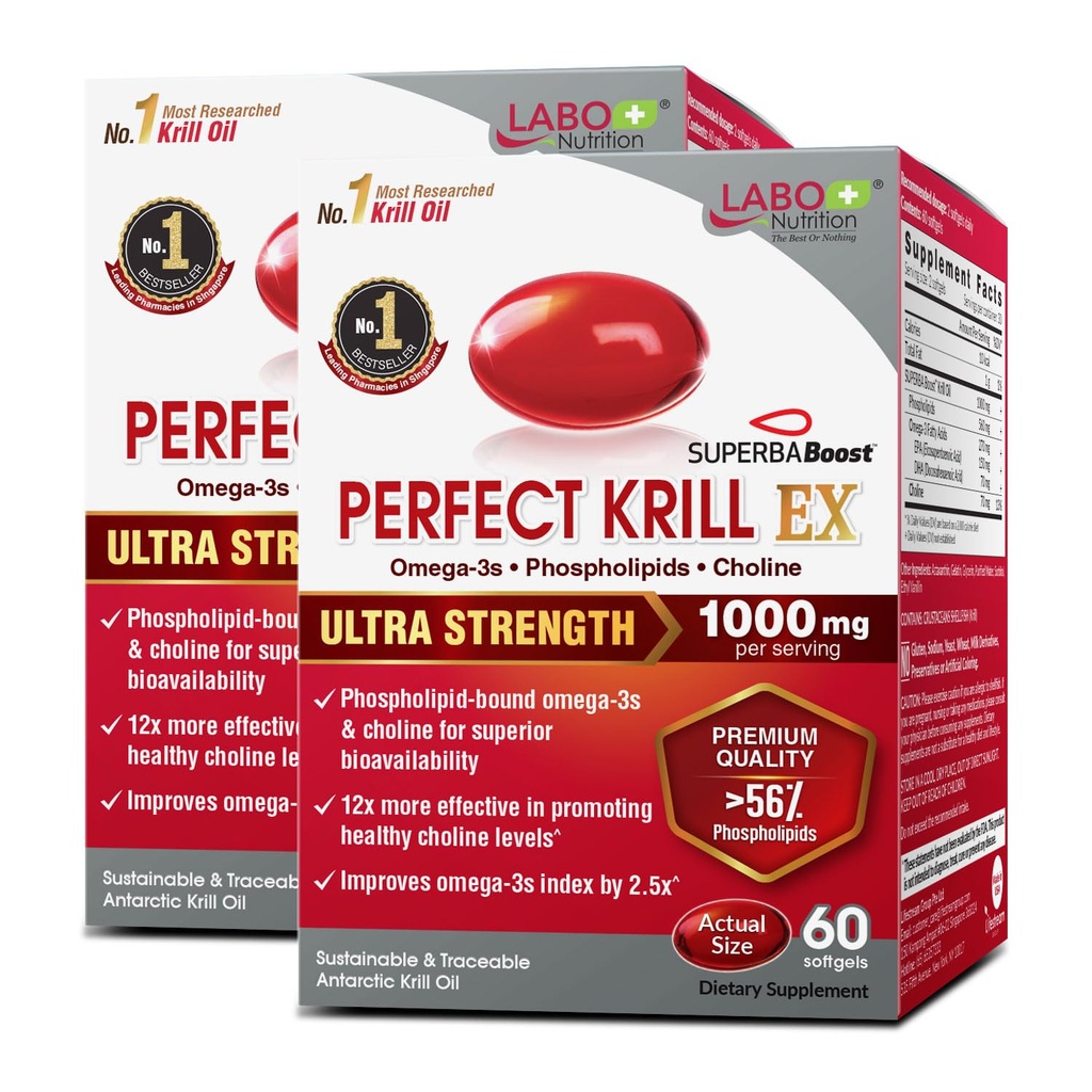 LABO Nutrition Perfect Krill EX, 1000mg Antarctic Krill Oil Omega 3 EPA DHA, Phospholipids (Over 56%) con Choline, Astaxanthin | Heart Brain Eye Joint Health, Made in USA, 60 softgelsX2