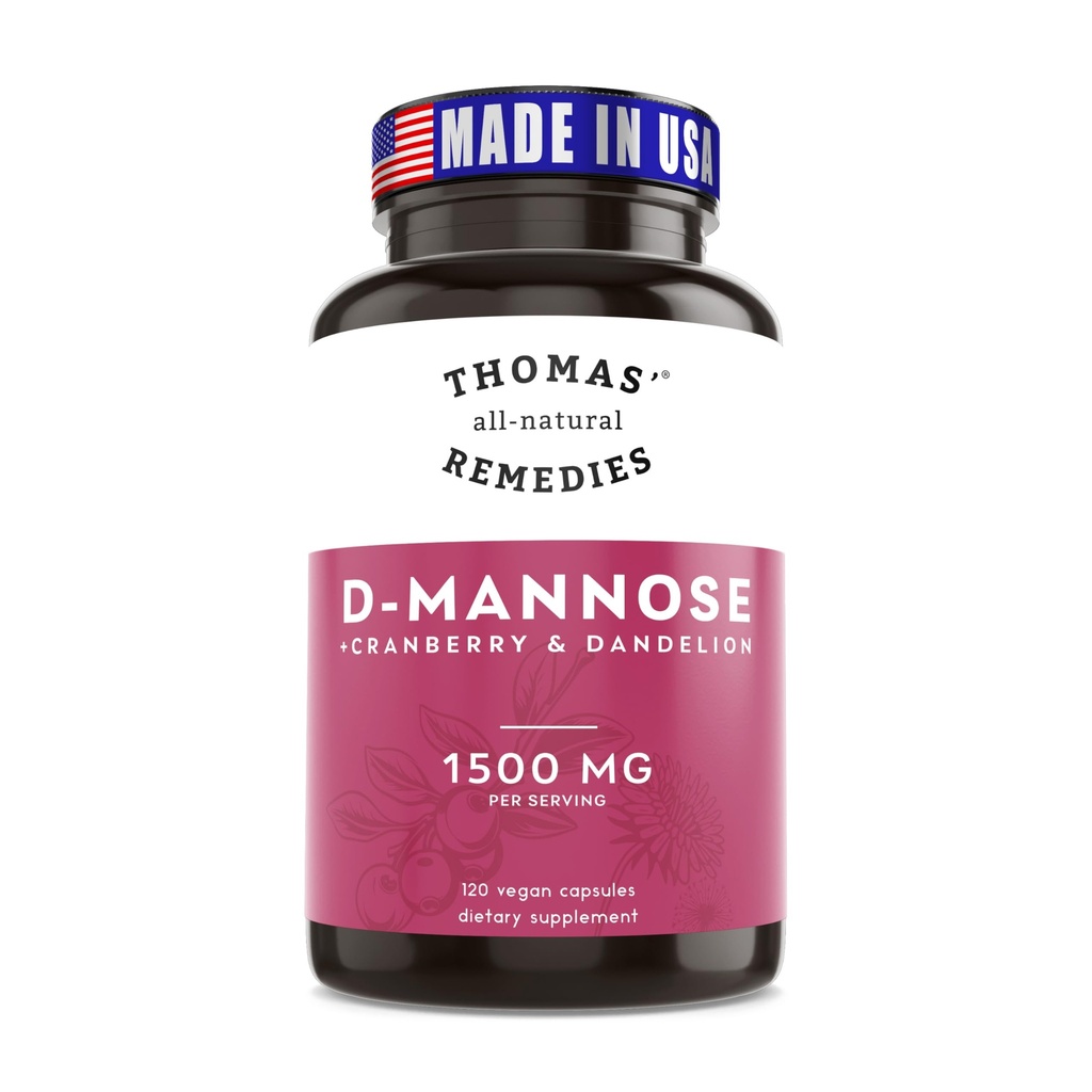 Remèdes tout-naturels de Thomas D-mannose 1200mg - avec canneberge et dandelion - Natural Urinary Tract et UTI Health Support - Meilleures capsules de dmannose - Pas de remplissage, tout-naturel, végétalien - 120 capsules