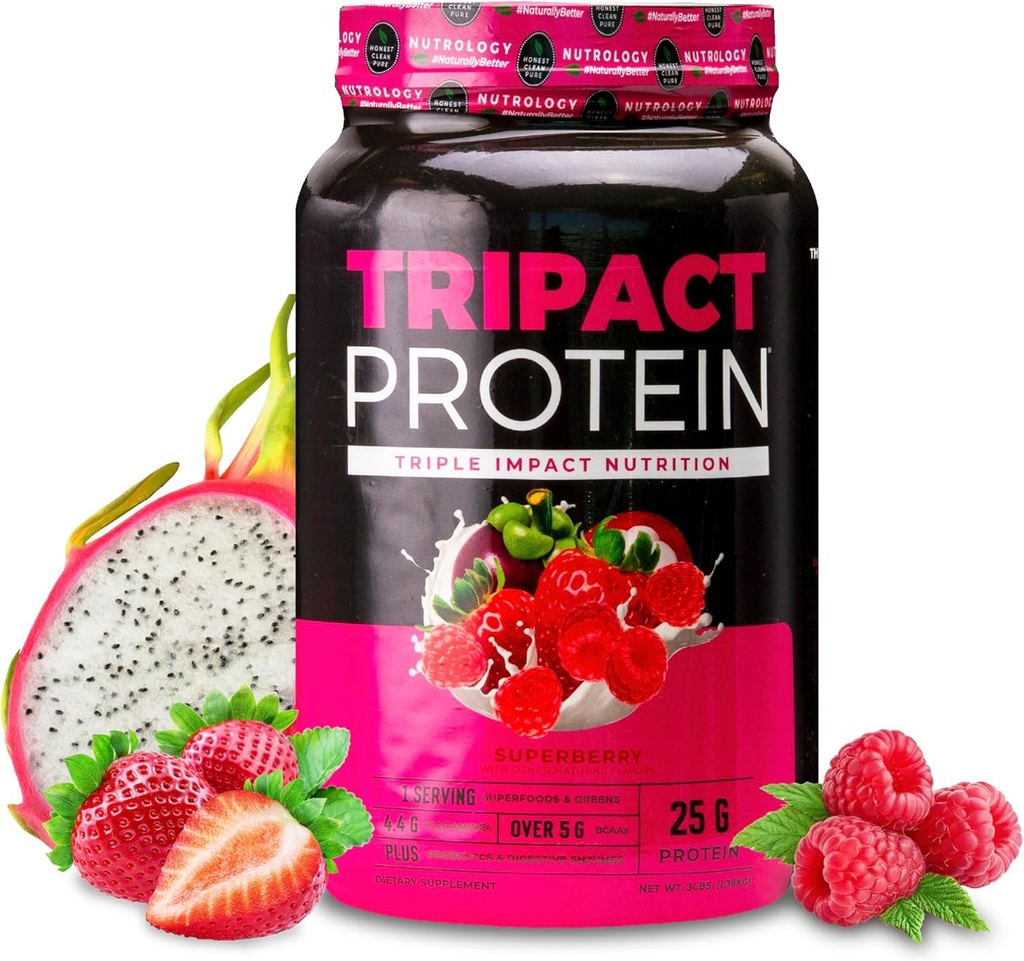 Nutriologie TRIPACT Poudre de protéines - 7-en-1 Remplacement des repas Shake with Grass Fed Whey Poudre de protéines, pois, riz, verts pour la récupération des muscles et l'immunité, parfum de Superberry, 40 portions