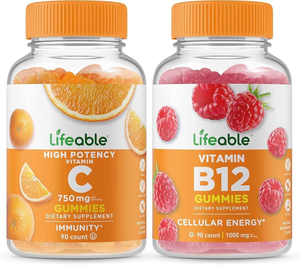 Lifeable Vitamin C 750mg + Vitamin B12, Gummies Bundle - Great Tasting, Vitamin Supplement, Gluten Free, GMO Free, Chewable Gummy