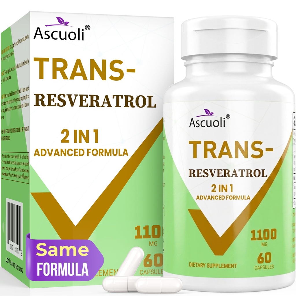99% Ultra Purity Trans-Resveratrol 1100mg, 3-en-1 Advanced Formula Organic Resveratrol Supplément, Max Antioxydant, Anti-Age, Santé de la peau, Réparation cellulaire, Boost NAD+, Immune & Energy, 60 capsules
